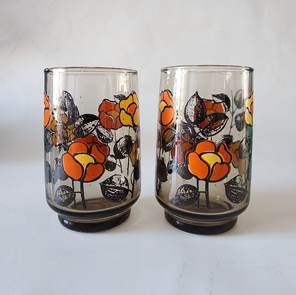 Vtg 1970s Libbey St Clair Floral Drinking Glasses Set of 2